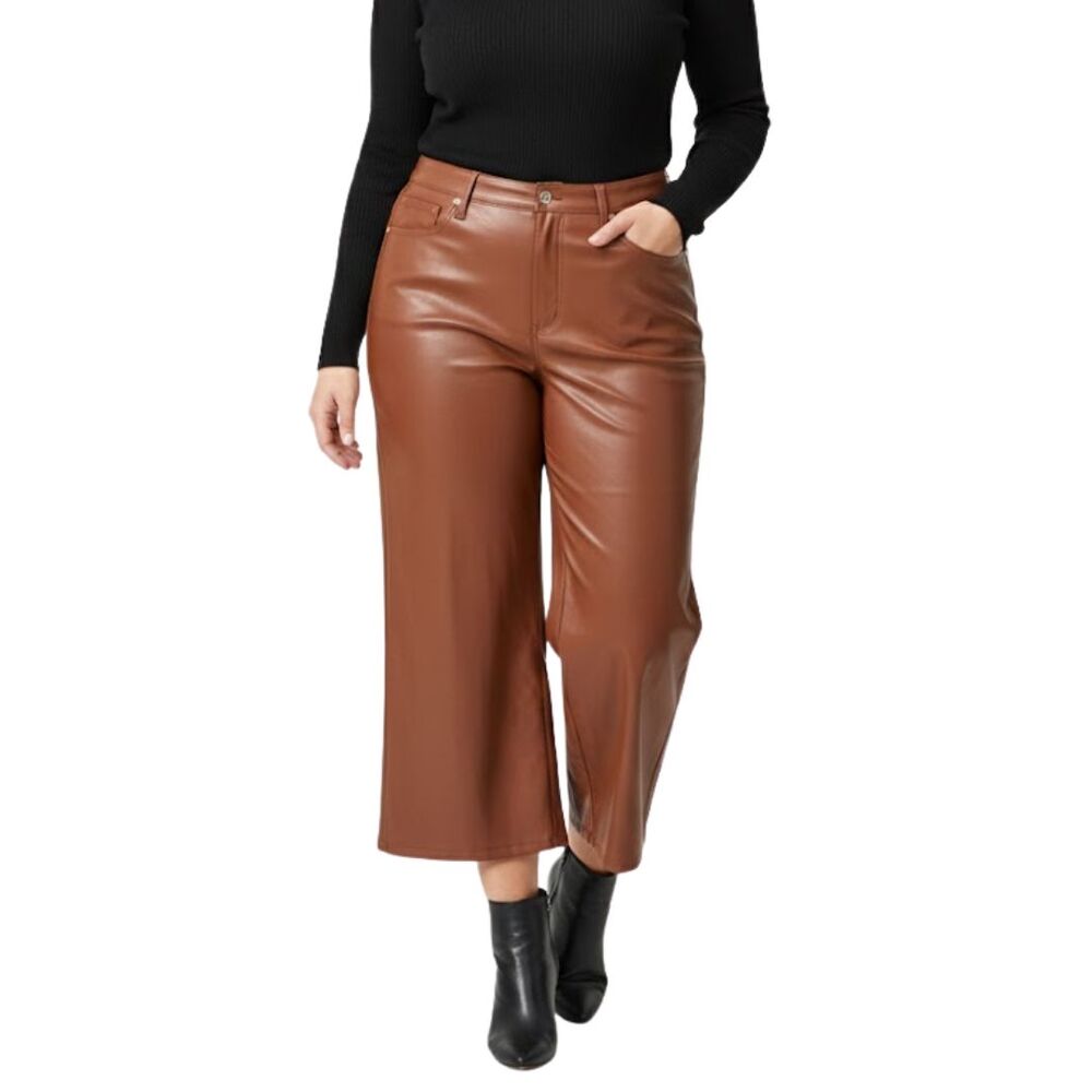 NWT Judy Blue 13/31 Faux Leather Pants Tummy Control Wide Leg Crop Camel Brown